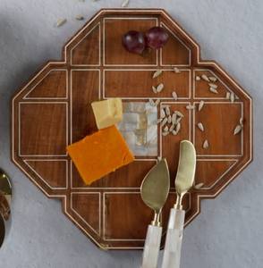 Placa de cargador de madera de acacia pintada a mano Vintage ecológica moderna con incrustaciones de resina forma redonda para servir comida decoración de festivales - Product Image 6