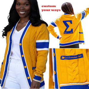 Suéter cárdigan Sigma Gamma Rho con colores personalizados y suéter de punto bordado para hermandad de mujeres College Varsity Sweater - Product Image 1