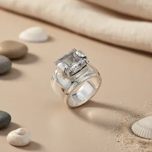 Emerald Cut Zircon <b>Cocktail</b> <b>Ring</b> 925 Silver Rose <b>Gold</b> Plated Bezel Setting Geometric Minimalist Unisex Everyday Wear - Product Image 1
