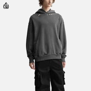 100% coton poids lourd en détresse sweat à capuche blanc hommes à capuche Vintage hiver complet en détresse hommes sweats à capuche - Product Image 5