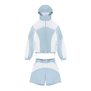 Veste d'été sur mesure pour hommes, deux tons, bleu, blanc, coupe-vent 100% nylon, survêtement à capuche, short, fournisseur OEM/ODM imprimé - Product Image 3