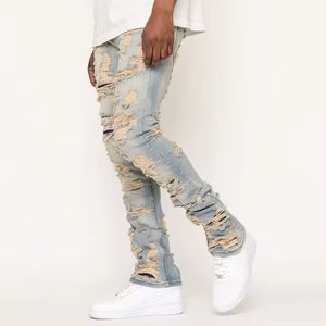 กางเกงยีนส์ทรงตรงเอวสูงสไตล์วินเทจสำหรับผู้ชาย แต่งขาดแบบดิสเทรส สไตล์ไฮสตรีท ล้างสี ซับในผ้าฟลีซ กันน้ำ - Product Image 4