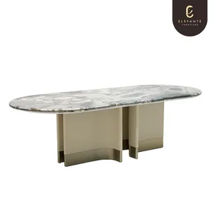 Elefante Luxury Large Home Dining Room Leather Base Table 8 Seaters Oval Marble Top Dining Table