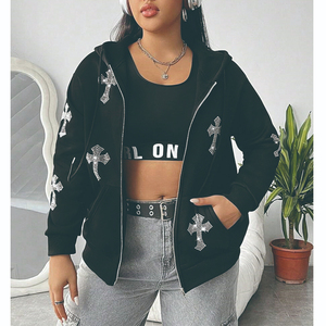 Custom Loose Fit Zip up Plus Rhinestone Cross <b>Pattern</b> Hoodie Drop Shoulder Drawstring Zipper <b>Women</b> Hoodie - Product Image 1