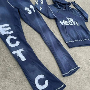 Vintage Men Distressed Patch Embroidered Tracksuit Unisex Streetwear <b>Flare</b> & Hoodie Sets Sun Fade Acid Wash Jogger Set Men's - Product Image 2