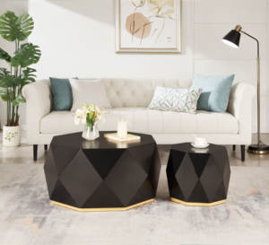 American Modern Eco-Friendly 38" Three-dimensional Embossed Pattern Design Coffee Table with Black Tabletop and Metal <b>Frame</b> - Product Image 5