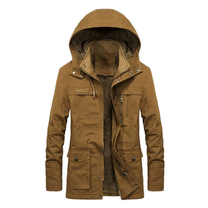 Custom Men's Winter Jacket with Thick Warm <b>Fur</b> Hood Vintage Style Stand Collar Embroidered Front Logo Canvas Coat - Product Image 6