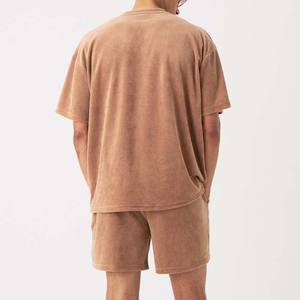 Ensemble T-shirt et short décontracté pour homme en coton épais, col rond, coupe oversize, respirant, couleur unie, idéal pour l'été - Product Image 2