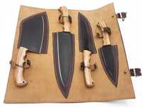 Juego de cuchillos de chef de acero al carbono de 4 piezas hechos a mano con mango de madera de olivo y cuchillas de Damasco ultra afiladas que incluyen bolsa de cuero