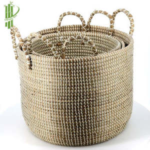 Panier de rangement rond multifonctionnel écologique en gros, panier en herbe de mer, panier à couvercle en rotin pour la maison, panier à linge, pot de fleurs - Product Image 2