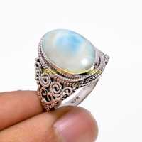 Bague en argent sterling 925 avec larimar bleu ovale en cabochon, filigrane fait main pour femmes et hommes