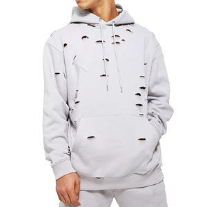 Raw Edge Acid Wash Distressed Cropped Hoodie Sweat Suit para hombres French Terry Sudaderas con capucha bordadas - Product Image 1