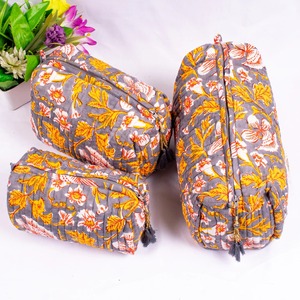 <b>Large</b> Block Printed Cotton Grey with Yellow Vintage Eco-Friendly Water Resistant Case Zipper Closure Travel Cosmetic <b>Bag</b> Pockets - Product Image 4