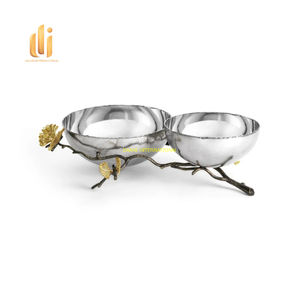 Bol de service double en acier inoxydable avec support de branche de papillon doré Bol à fruits décoratif moderne Plat à bonbons Snack et noix - Product Image 2