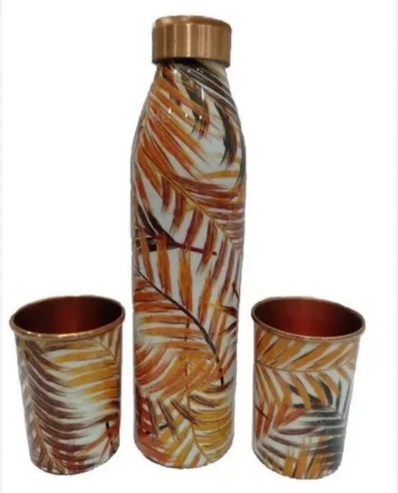 Hot Selling Copper Drinking Water Bottle with two Glass Enamel Printed Copper Bottle for Health Benefits from India