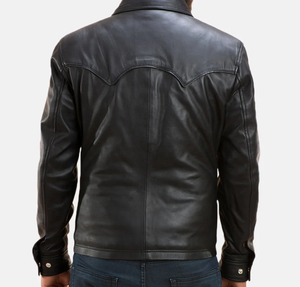 Veste en cuir véritable pour homme, col rabattu, coupe classique, couleur unie, fermeture à boutons, style décontracté, automne-hiver - Product Image 2