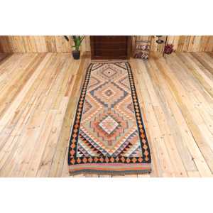 Alfombra Turca Kilim de 3.3x10.2 pies (100x310 cm), Alfombra Vintage con Diseño de Plantas y Árboles Azules - Product Image 1