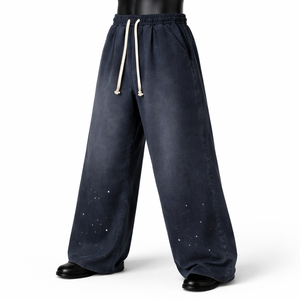 Pantalones de chándal anchos de algodón para hombre, estilo vintage, lavados, azul marino, con salpicaduras de pintura, joggers oversize, streetwear, con logo personalizado - Product Image 3