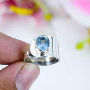 แหวนอัญมณีโทแพซสีฟ้าธรรมชาติขายดี925เครื่องประดับเงินแท้ทำด้วยมือแหวนเครื่องประดับชุบเงินวินเทจ - Product Image 3