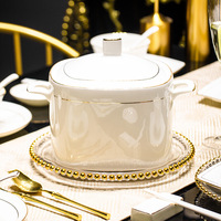 Service de vaisselle en porcelaine en gros pour banquets, avec logo personnalisé, vaisselle en céramique à bordure dorée, assiettes et bols pour restaurant
