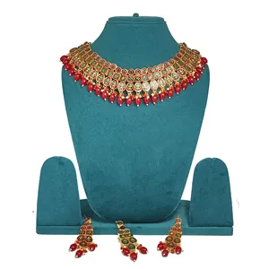 Ensemble de collier en perles ovales rouges Meenakari Kundan, bijoux fins classiques et tendance, plaqué or, pour mariage, fête, fiançailles, cadeau - Product Image 2