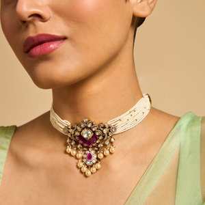 Kundan Style 173035 Short Choker <b>Necklace</b> Gold Plated Zinc Alloy Flower Beads Diamond Pearl Trendy Women's Religious Wedding - Product Image 1