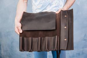 Custom Durable Waterproof High Quality Heavy Duty Brown Leather Knife Organizer Chef Knife <b>Roll</b> up <b>Bag</b> LKR-0105 - Product Image 2