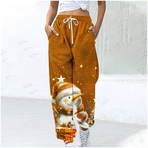 Pantalones de chándal informales sueltos con estampado de muñeco de nieve navideño para mujer, pantalones de vacaciones de invierno con cordón de cintura alta - Product Image 5