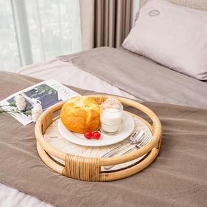 Bandeja de servicio de ratán redonda de estilo bohemio hecha a mano con incrustaciones de madreperla, bandejas de almacenamiento de alimentos para desayuno de Vietnam - Product Image 3