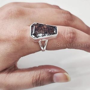 แหวนผู้หญิงพลอยรูไทล์สีดำธรรมชาติทรงโลงศพ เครื่องประดับสำหรับคริสต์มาส วันเกิด เครื่องประดับทำมือ เงินแท้ 925 - Product Image 3