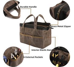 Đa Chức Năng Tùy Chỉnh Chất Lượng Cao Sáp Vải Công Cụ Tote 13 "Grey Rộng Miệng Tổ Chức Với Brass Dây Kéo & 10 Túi - Product Image 3