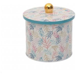 1.7L <b>Metal</b> round Canister with Knob Handle 140x125mm Leaf Pattern Design - Product Image 1