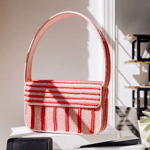Sac à main de luxe rose et rouge à rayures en perles, petit sac à bandoulière rectangulaire à motif rayé pour femme, sac de soirée fait main, pochette de mode - Product Image 1