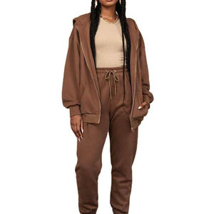 Conjunto Deportivo de Dos Piezas para Mujer al por Mayor, Transpirable, de Invierno, con Logotipo Personalizado, 100% Algodón, con Sudadera con Capucha y Cremallera y Pantalones Deportivos - Product Image 1