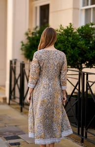 Vestido Bohemio Mimosa, Vestido de Algodón Estampado a Mano, Amarillo, Blanco, Gris, Ropa Casual de Verano - Product Image 4