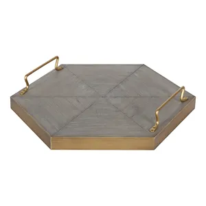 Elegante bandeja de metal clásica con base de madera para una elegante decoración del hogar, centro de mesa de fiesta y práctico servicio diario - Product Image 6