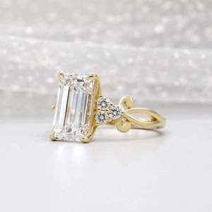 IGI Certified Yellow Gold <b>Ring</b> with Lab Grown Emerald Cut <b>Diamond</b> and Side Stone <b>Diamond</b> <b>Rings</b> Collection - Product Image 3