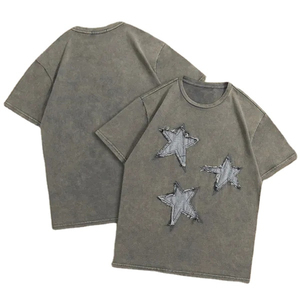 100% coton de haute qualité unisexe détresse broderie patchs col rond coupe ample Vintage lavé à l'acide Street Wear T-Shirt - Product Image 2