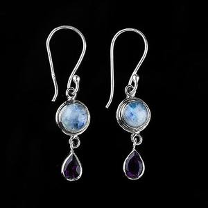 <b>Moonstone</b> Amethyst Gemstone Earrings 925 Solid Sterling Silver Round Shape Earrings for Women Dangle Earrings Silver <b>Jewellery</b> - Product Image 4