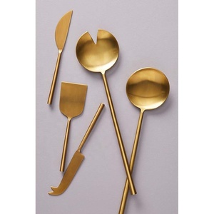 Acier inoxydable argenté poli avec longue feuille en métal doré avec brindille Design en relief poignée soupe salade cuillère à café ensemble de serveur - Product Image 2