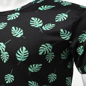 OEM Men's Black Short Sleeve T-Shirt With Green <b>Leaf</b> Print O-Neck Casual Regular Fit Breathable Knitted Polyester Summer Wear - Product Image 3