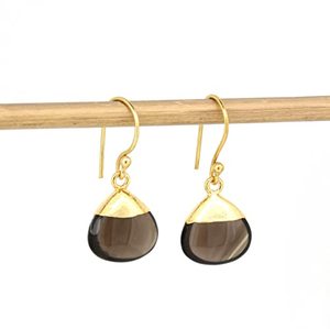 8-10mm Quartz fumé larme boucles d'oreilles novembre pierre de naissance bijoux avec crochets plaqué or plaqué or plaqué or - Product Image 1