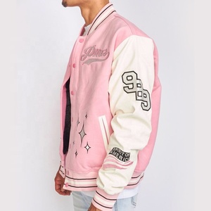 แจ็กเก็ตเบสบอลสีชมพูสำหรับผู้ชายเสื้อเบสบอลแขนหนังปักลายกำมะหยี่ออกแบบได้ตามต้องการ - Product Image 2