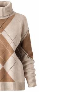 Customized Premium <b>Women</b> Turtleneck Argyle Knit Sweater Soft <b>Warm</b> Winter Pullover Casual Fashion Top Brown Beige Color - Product Image 4