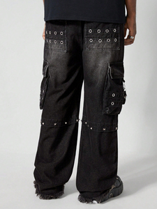 Pierna recta de alta calidad para hombre, holgada, diseño multibolsillo, negro, gris, cadena lavada, cuentas de uñas, monos de cintura media de talla grande - Product Image 3