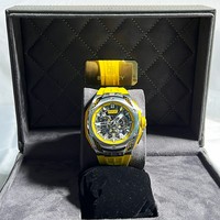 Montre unisexe automatique mécanique BX3613 avec boîtier en acier inoxydable, bracelet FKM, cadran analogique jaune, style business de luxe, cristal