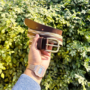 เข็มขัดลำลองของผู้ชายแบบวินเทจสายรัดผ้าทอลายทางทำจากโพลีเอสเตอร์พร้อมแถบหนังเย็บและหัวเข็มขัดทองเหลือง - Product Image 6