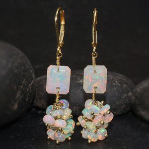 Ethiopian Multifire White Fire Opal Beaded Earrings Natural Fire Opal Dangle Handmade 925 Sterling Silver Gold <b>Anniversary</b> Gift - Product Image 1