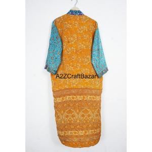 Bata Larga de Seda 100%, Transpirable, Suave, Estilo Bohemio, con Parches, para Mujer, Mangas Largas, Cuello en V, Cierre con Cordón, Informal, Larga - Product Image 5