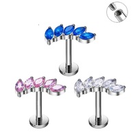 Pendientes de Titanio ASTM F136 con Diseño Curvo Marquise y 5 Circonitas Cúbicas, Roscados Internamente, Hipoalergénicos, Calibre 16G, para Perforaciones de Cartílago, Hélix y Tragus